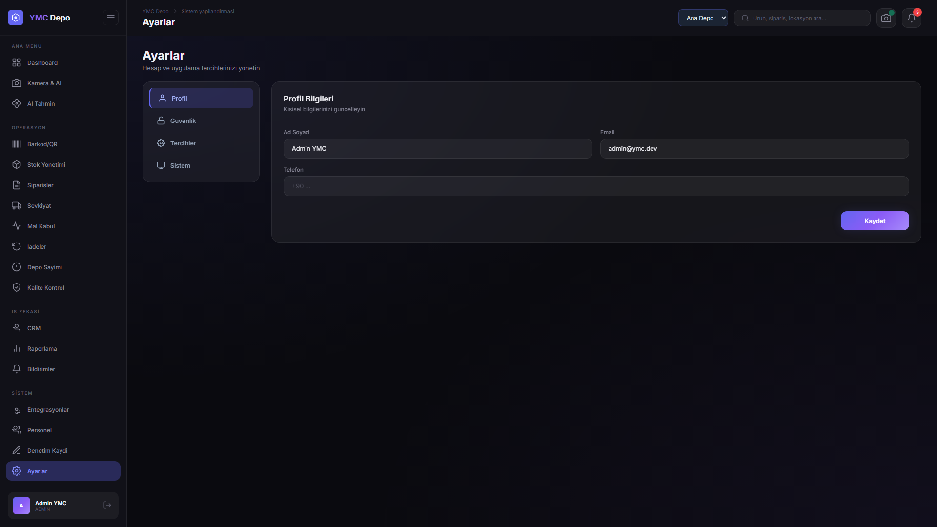 YMC Depo — Settings — 4-tab configuration and system settings
