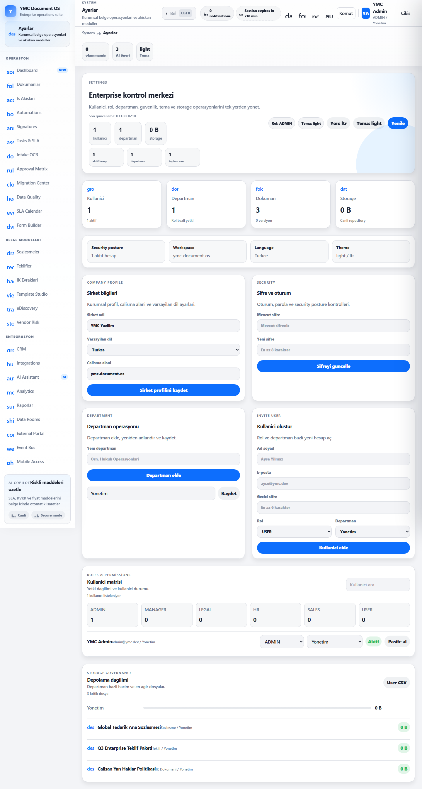 YMC DMS — Settings & Admin — Corporate roles, group management and security configuration