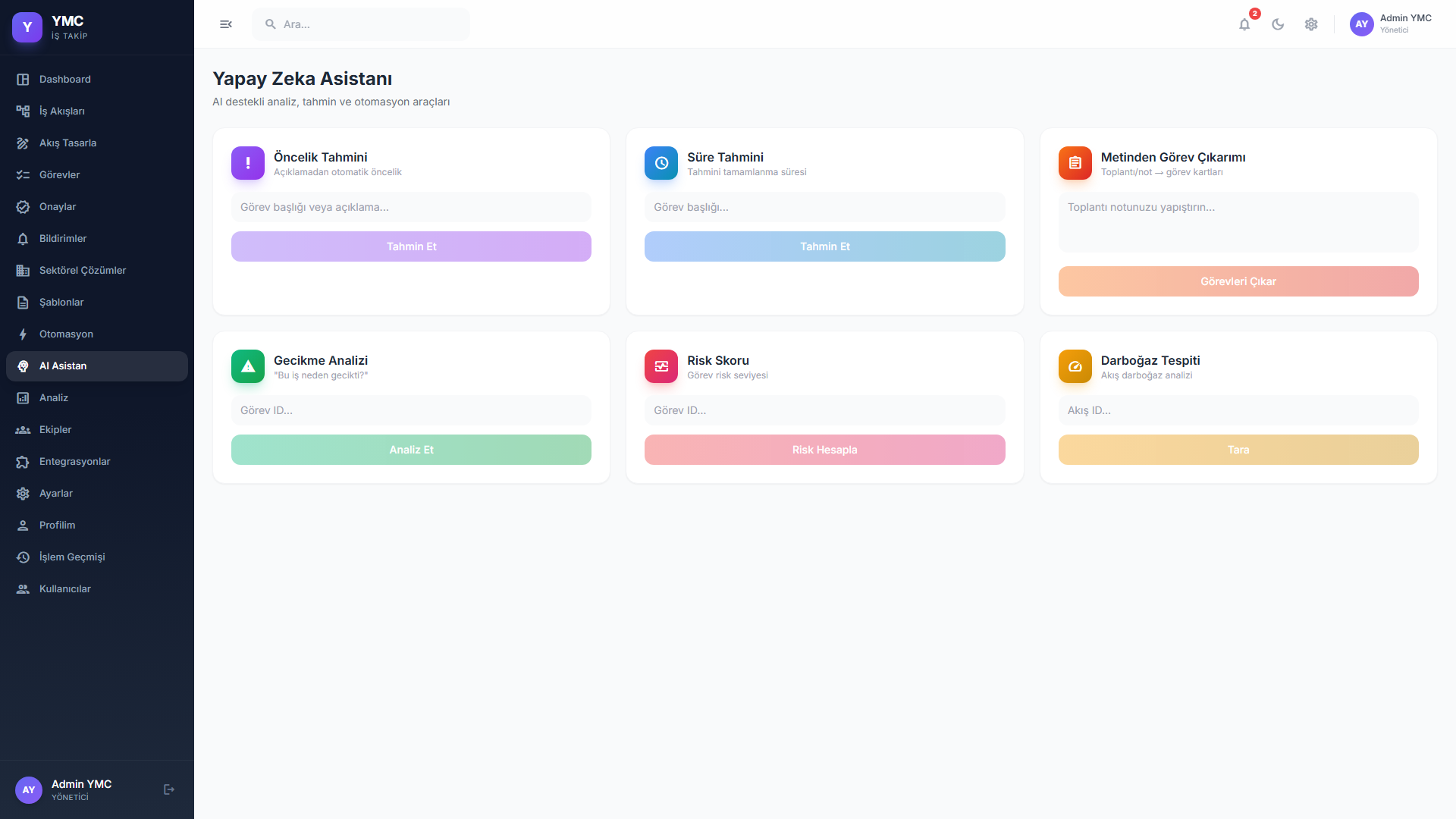 YMC İş Takip — AI Assistant — Smart recommendations for workflow optimization and bottleneck detection