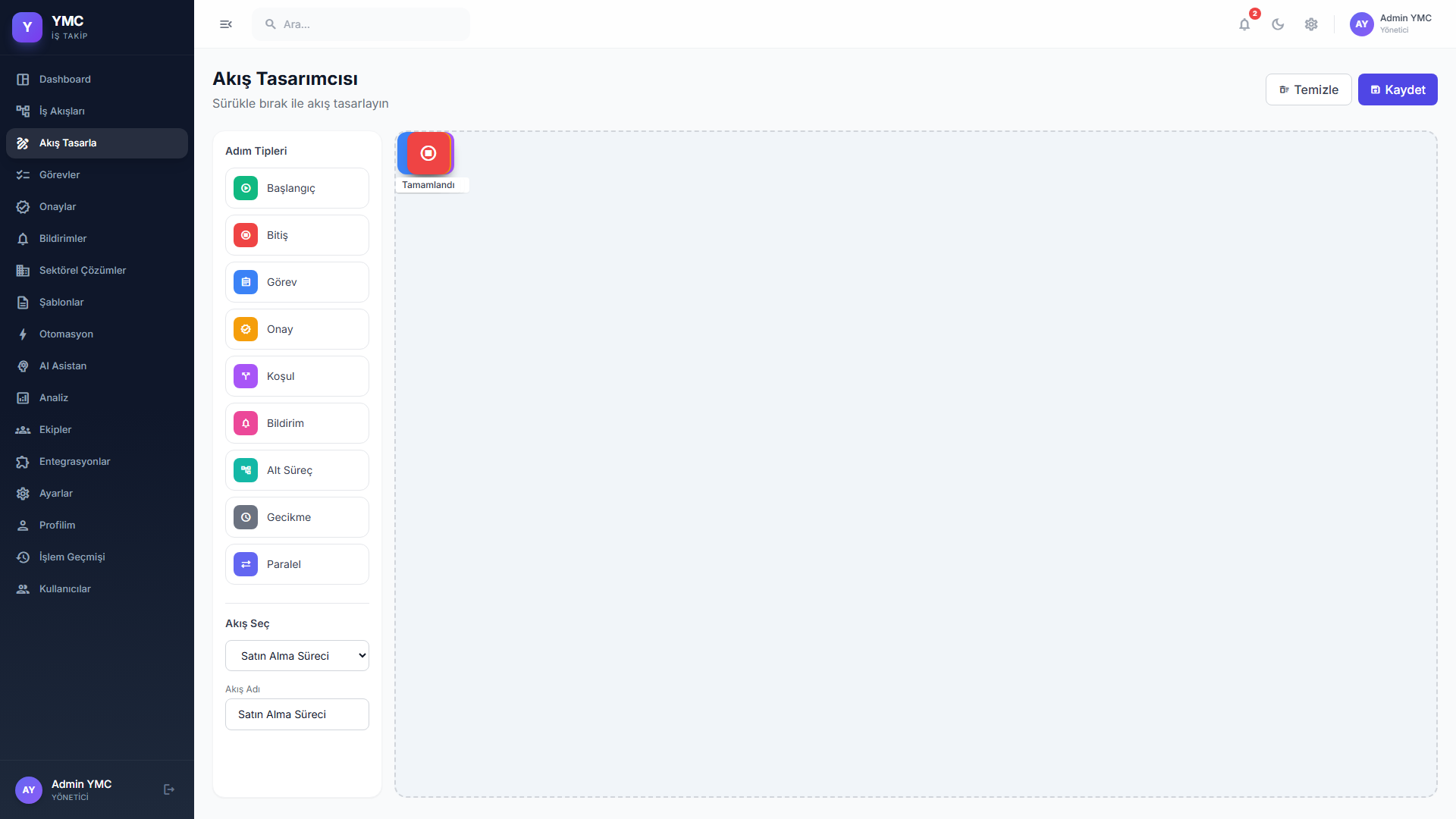 YMC İş Takip — Visual Flow Designer — Drag-and-drop no-code workflow builder with conditional branches