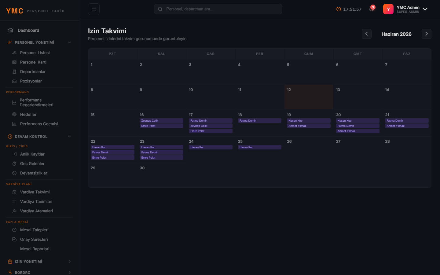 YMC Personel Takip — Leave Calendar — Visual tracking of all leaves in calendar view
