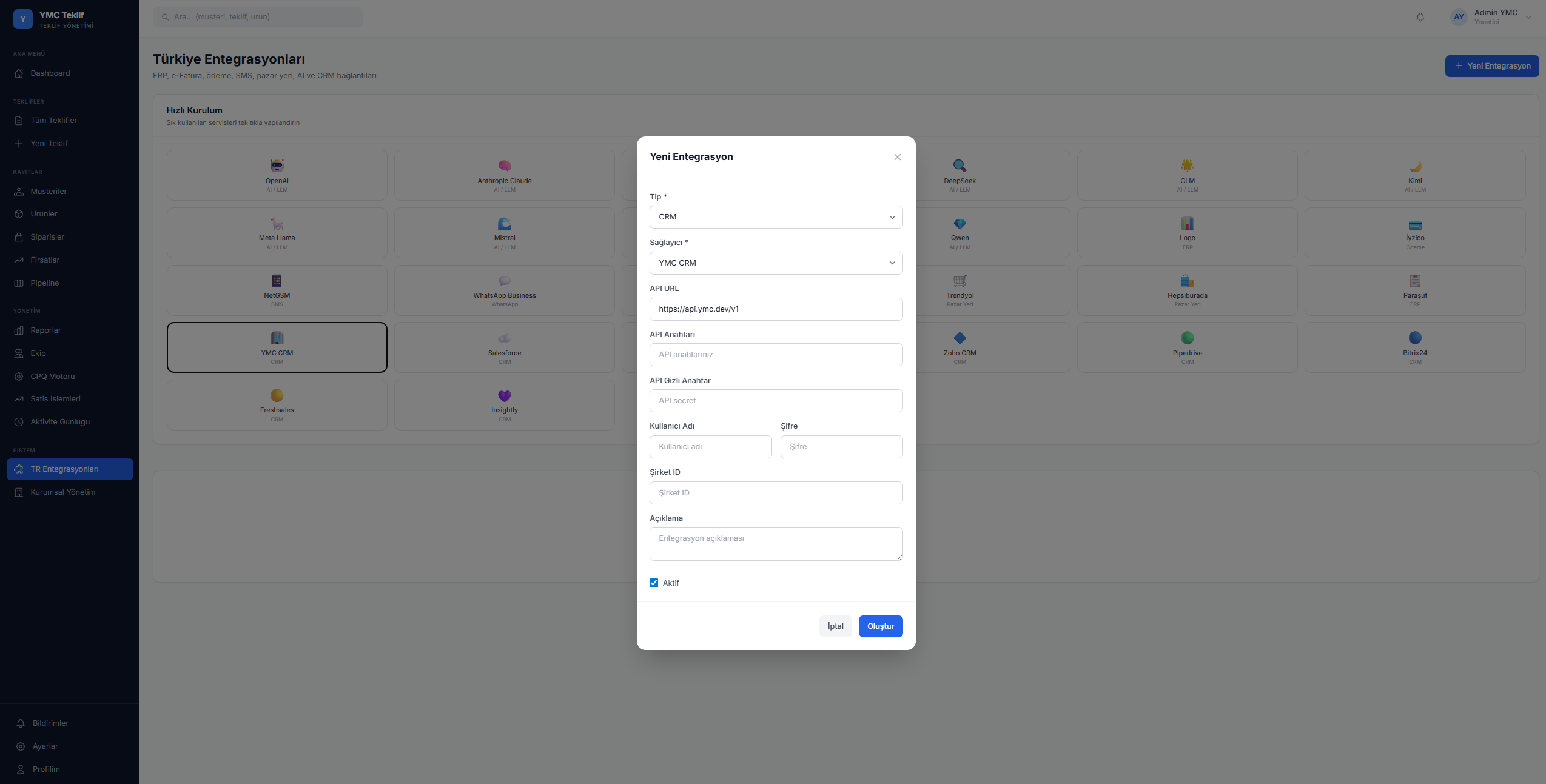 Yeni Entegrasyon Ekle — ERP ve CRM Bağlantıları