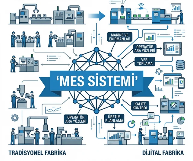MES Nedir sorusuna yanıt olarak, üretim sahasını dijitalleştiren merkezi sistemin katmanlı yapısı.