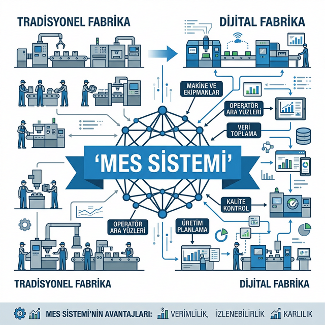 MES Nedir sorusuna yanıt olarak, üretim sahasını dijitalleştiren merkezi sistemin katmanlı yapısı.