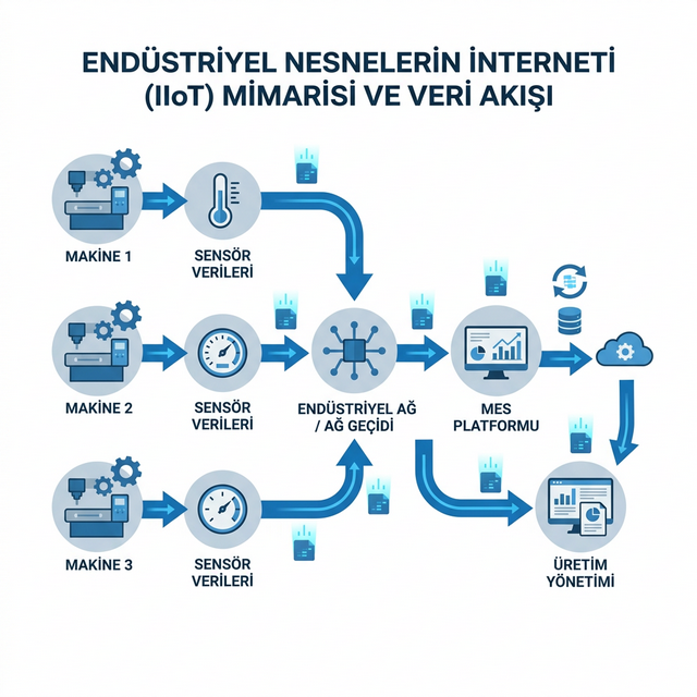 Endüstriyel IoT ve Sensör Veri Akış Hiyerarşisi Üretim Sahası Makine, Sensör ve MES Sitemi Entegrasyonu İş Akışı