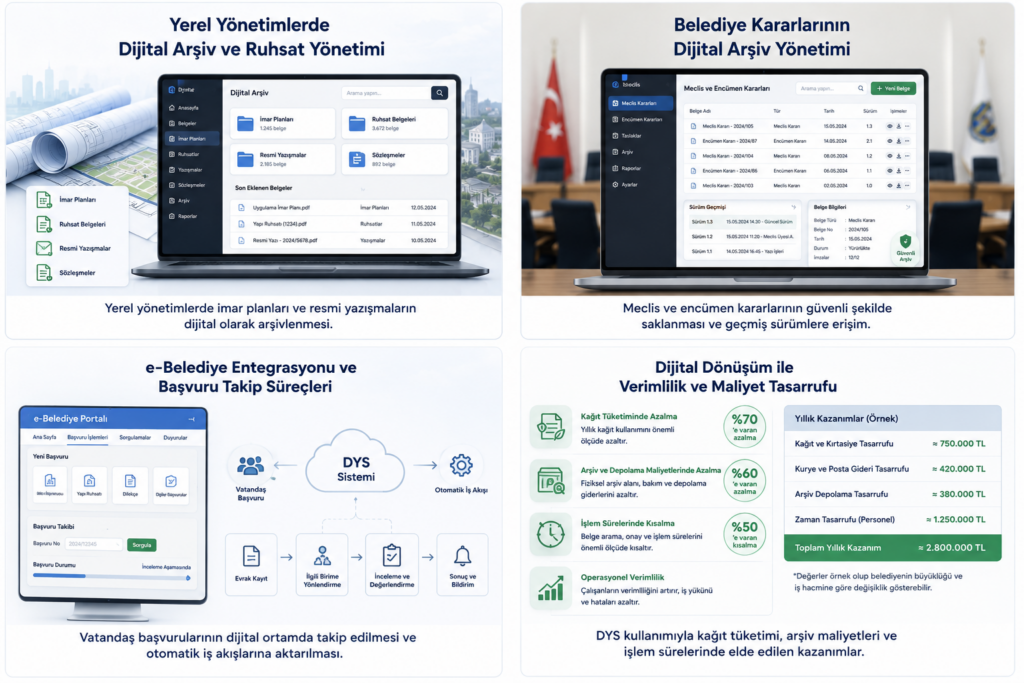 yerel yönetimlerde doküman yönetimi ve maliyet tasarrufu infografiği