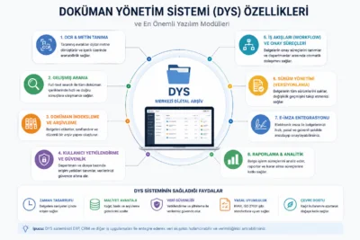 doküman yönetim sistemi DYS özellikleri ve en önemli yazılım modülleri şeması