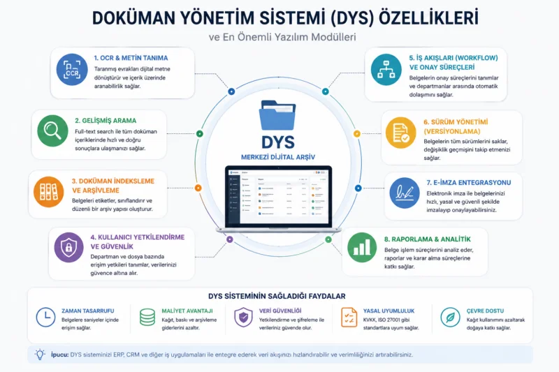 doküman yönetim sistemi DYS özellikleri ve en önemli yazılım modülleri şeması