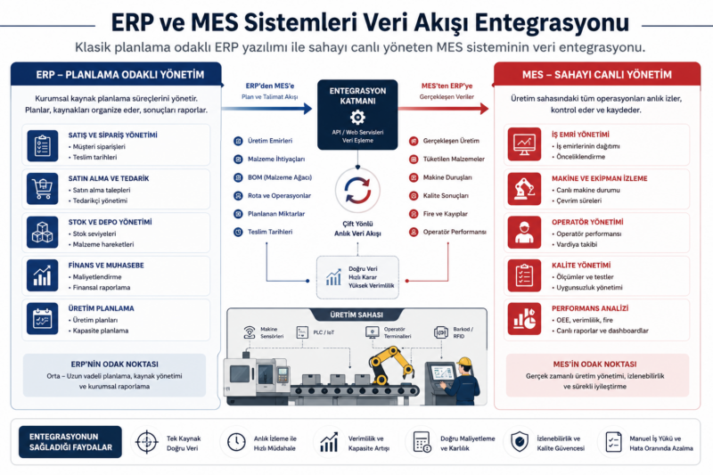 ERP ve MES sistemleri veri akışı karşılaştırma şeması