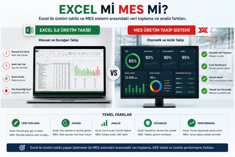 Excel tablosu ile MES dashboard karşılaştırma şeması