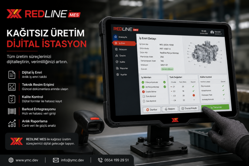 Kağıtsız üretim için Redline MES dijital istasyon ekranı