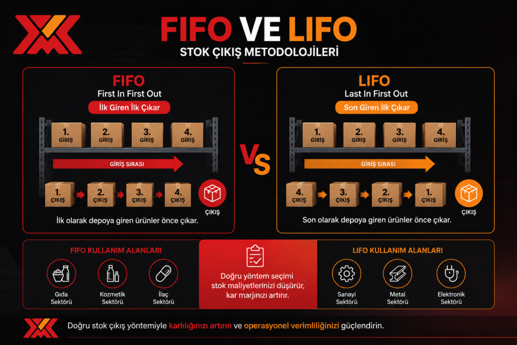Depo yönetiminde FIFO (First In First Out) ve LIFO çıkış yöntemleri şeması