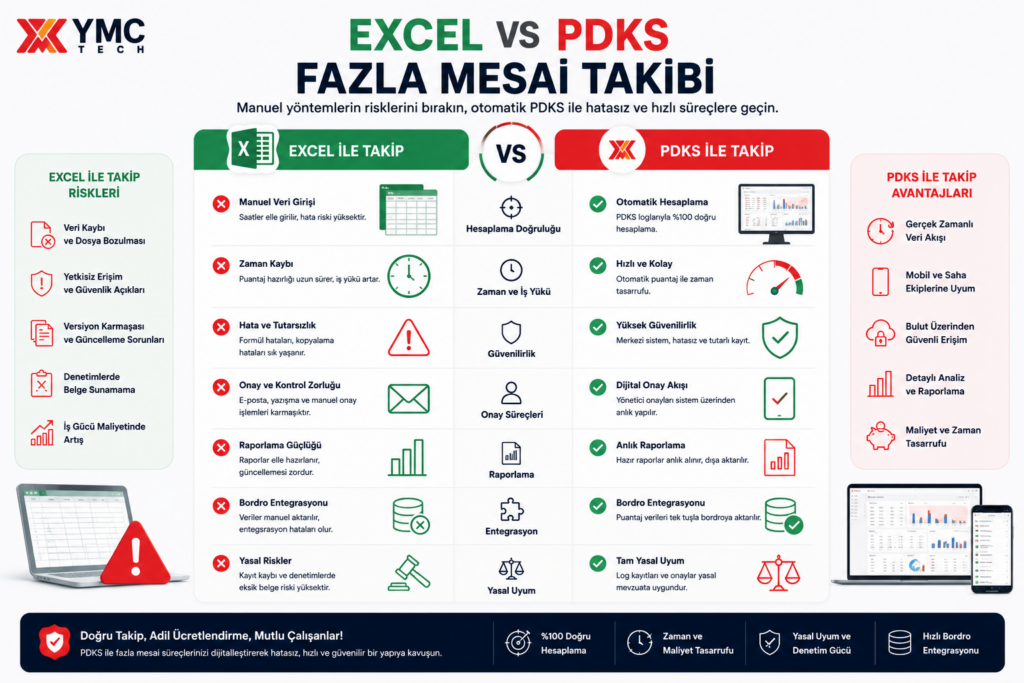 Excel ile PDKS fazla mesai takibi yöntemlerinin karşılaştırma infografiği