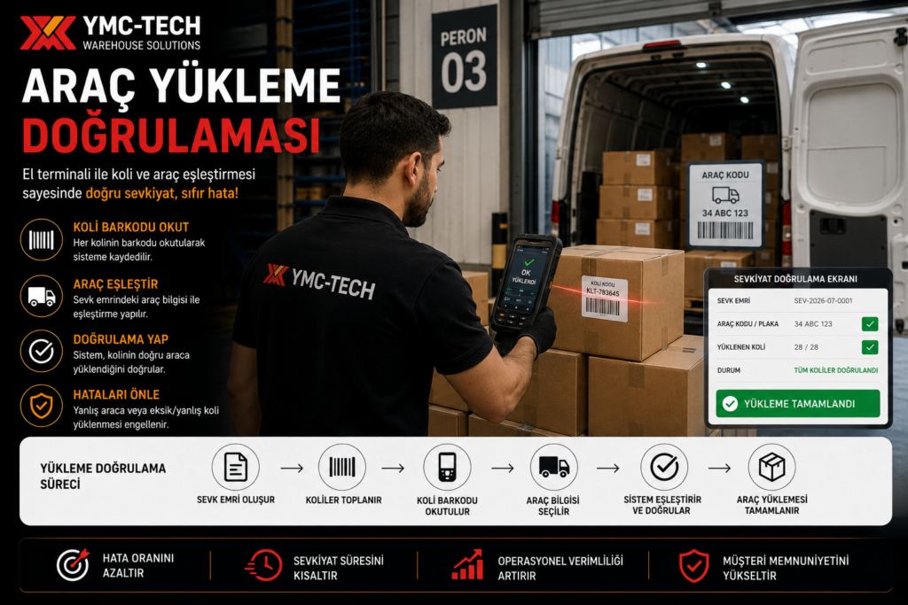 el terminali ile araç yükleme doğrulaması ve koli barkodu okutma