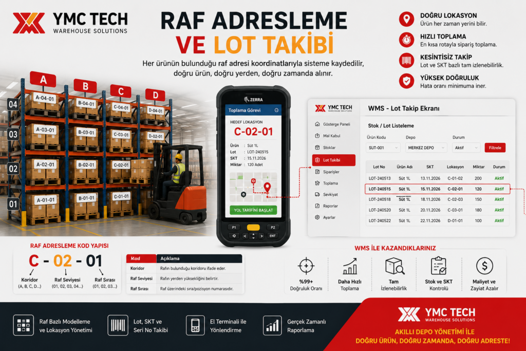 depo raf yerleşimi adresleme sistemi ve lot takip ekranı