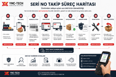 seri no takibi süreçleri infografik: üretimden iadeye izlenebilirlik haritası