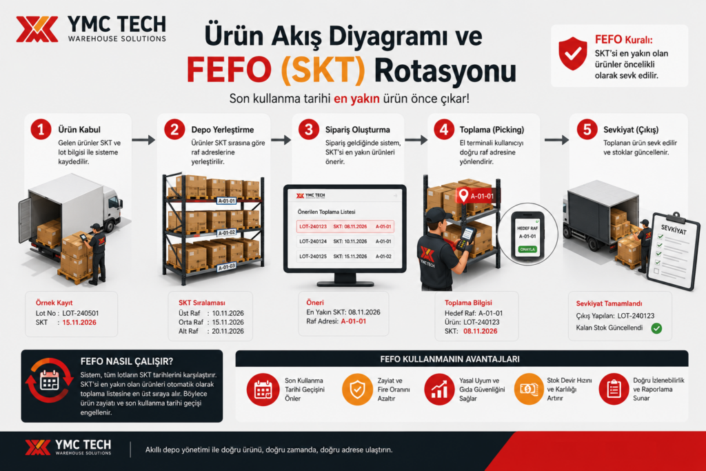 depo içinde ürün akış diyagramı ve fefo skt rotasyonu