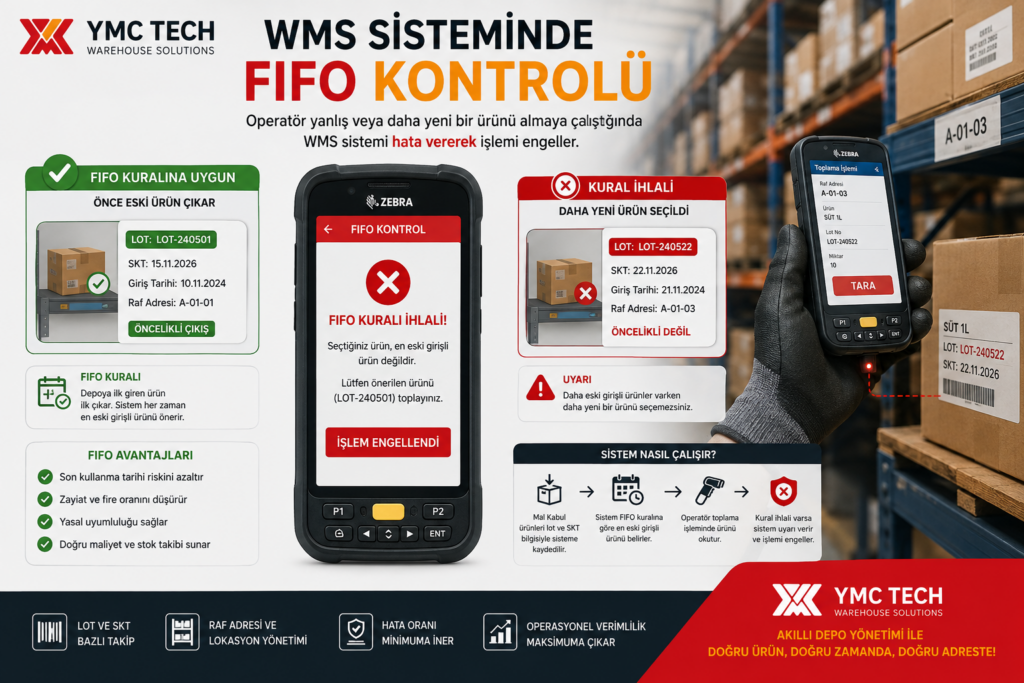 wms yazılımı fifo kuralı ihlali el terminali uyarı ekranı