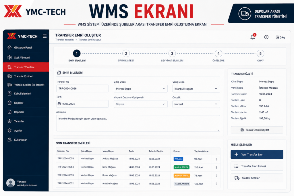 wms yazılımı depolar arası transfer modülü ekranı